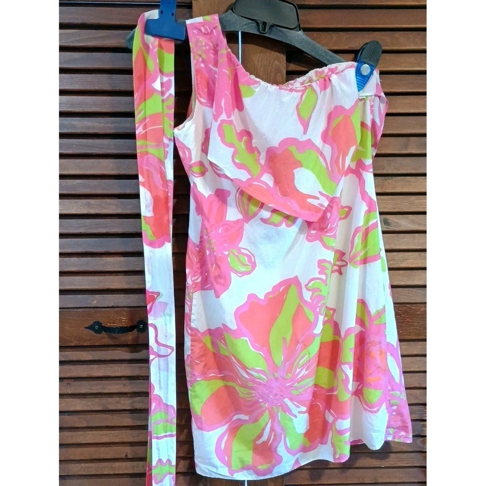 Lily Pulitzer Womens Dress Pink/Green Floral Emmeline One Shoulder Belted Size 0